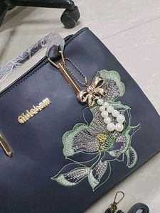 Chic Navy Handbag with Floral Embroidery
