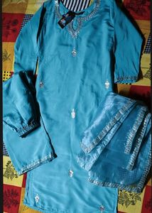 Aqua blue embroidery kurti plazo &amp; dupatta set 🩵