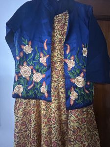 Embroidered Blue Jacket with Yellow Kurta