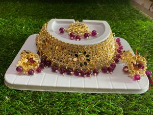 Mirror Work Necklace With Golden Base Wine Stone