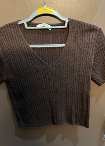 Brown Cable Knit V-Neck Top