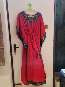 Vibrant Red Kaftan Dress with Bohemian Print