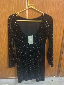 Black Velvet Embellished Dot Mini Dress