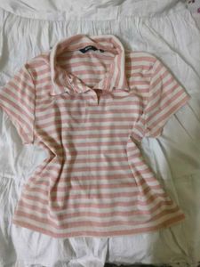 Striped Polo Neck Crop Top