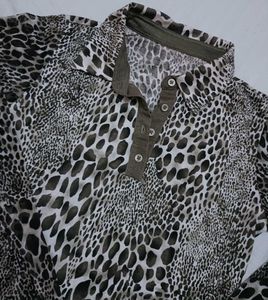 Chic Animal Print Long Sleeve Polo Top