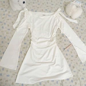 Boat Neckline Solid Ruched Bowknot Mini Dress