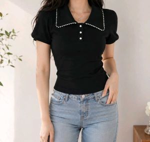 Chic Black Polo Top with Pearl Collar