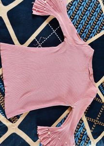 Pink Ribbed Bell Sleeve Top with Pearls