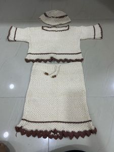 Cream & Brown Top, Skirt & Cap Crochet Set