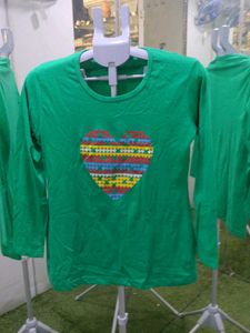 Green Long Sleeve T-Shirt with Heart Design