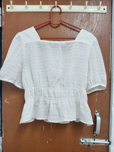 White Square Neck Smocked Top