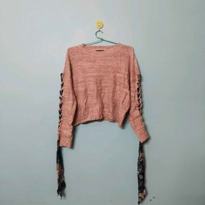 Cute Pink Lace-Up Sleeve Sweater