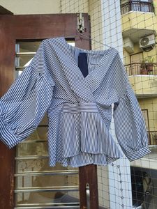 Chic Striped Wrap Peplum Blouse