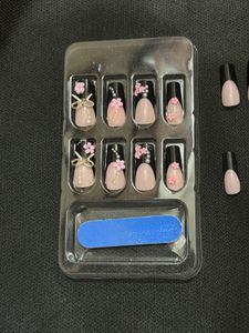 Black French Tip Press-On Nails with 3D Flowers &amp;