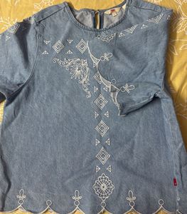 Denim Top with White Embroidery