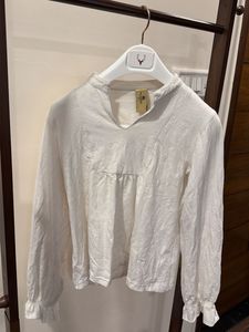 White Gathered Neck Long Sleeve Top
