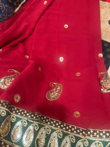 Elegant Red Saree with Paisley Embroidery
