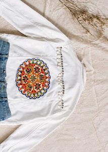 White Denim Jacket with Embroidered Detail