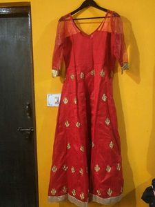 Red &amp; Gold Embroidered Anarkali Dress
