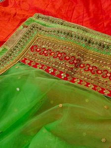 Peach and Green Embroidered Lehenga Set (Size 2XL)