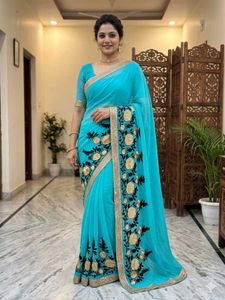 Elegant Blue Embroidered Saree
