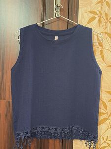 Navy Blue Sleeveless Lace Trim Top