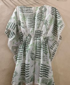 White Kaftan with Green Print