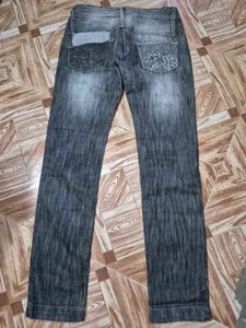 Pocket Embroidery Grey Vintage Jeans For Women