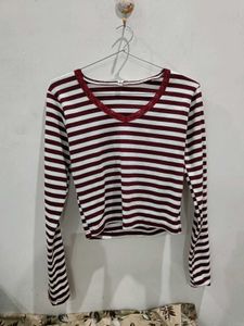Maroon &amp; White Striped V-Neck Top..M size