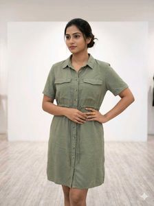 Olive Green Button-Up Shirt Dress