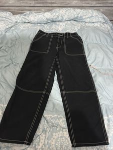 Hnm Black Wide Leg Pants with Contrast Stitching