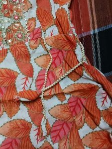 Orange Floral Print Kurta Set with Dupatta