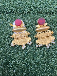 Exquisite Gold-Plated Ethnic Earrings with Red Sto