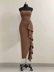 Brown Strapless Ruffle Dress