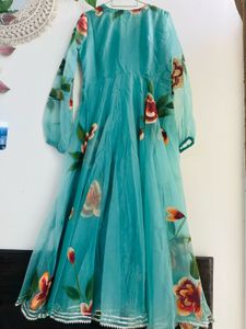 Teal Blue Handpainted Floral Anarkali pant set