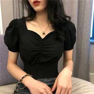 Chic Black Ruched Puff Sleeve Top