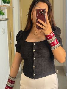 Stylish Black Textured Puff Sleeve Blouse