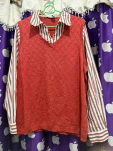 Chic Striped Shirt with Red V-Neck Vest