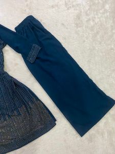 Teal Blue Rhinestone Work Kurti &amp; Parallel Trouser
