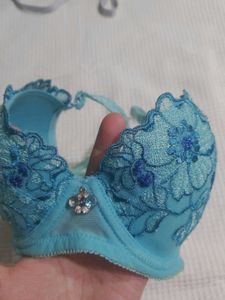 Blue Floral Embroidered Bra
