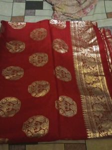 Red Saree With green Brand New Blouse
