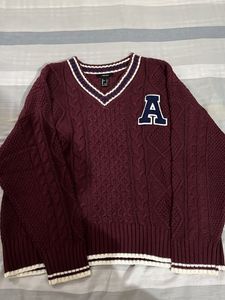 Maroon Varsity Style Cable Knit Sweater