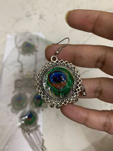 Boho Peacock Feather Necklace &amp; Earring Set