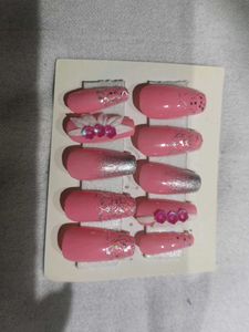 Pink Press-On Nails with 3D Floral Accents