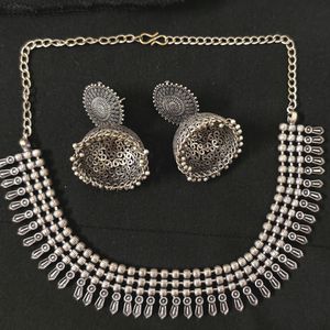 Stylish Silver Oxidised Choker Necklace &amp; Jhumka.