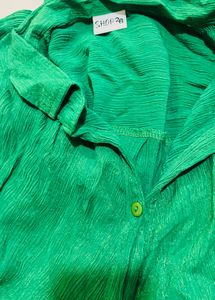 Vibrant Green Crinkle Button-Up Top