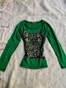 y2k vintage green leopard fitted top