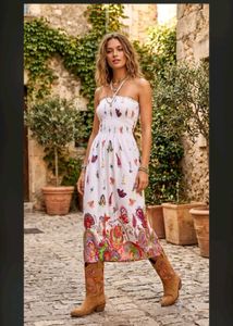 Boho Butterfly Print Strapless Maxi Dress
