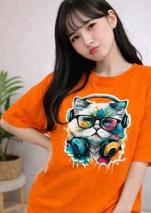 Orange Graphic oversized Tshirt with Cat Design