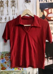 Red Collared Short Sleeve Top